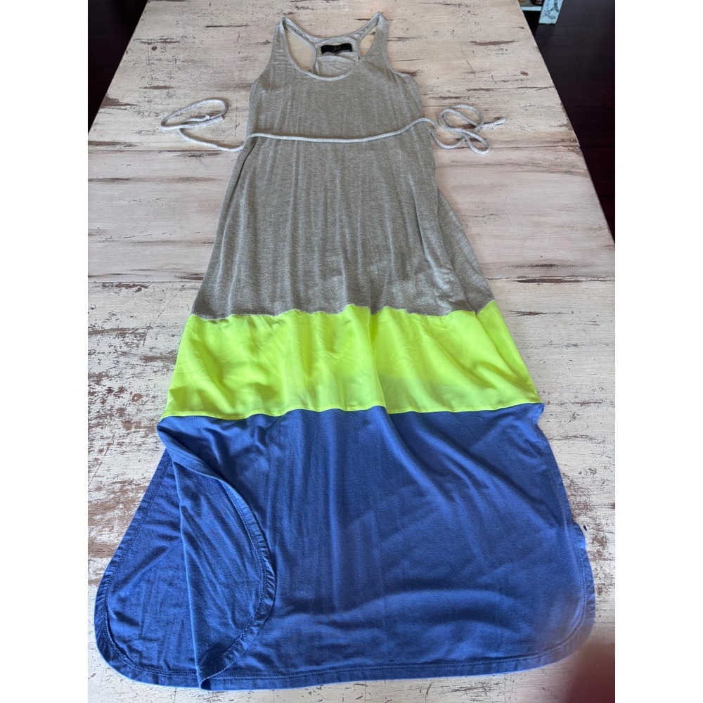JACK maxi dress womens sz S grey neon yellow blue colorblock racerback tie waist